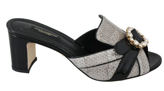 Dolce & Gabbana Black Gray Exotic Leather Crystals Sandals Women's Shoes