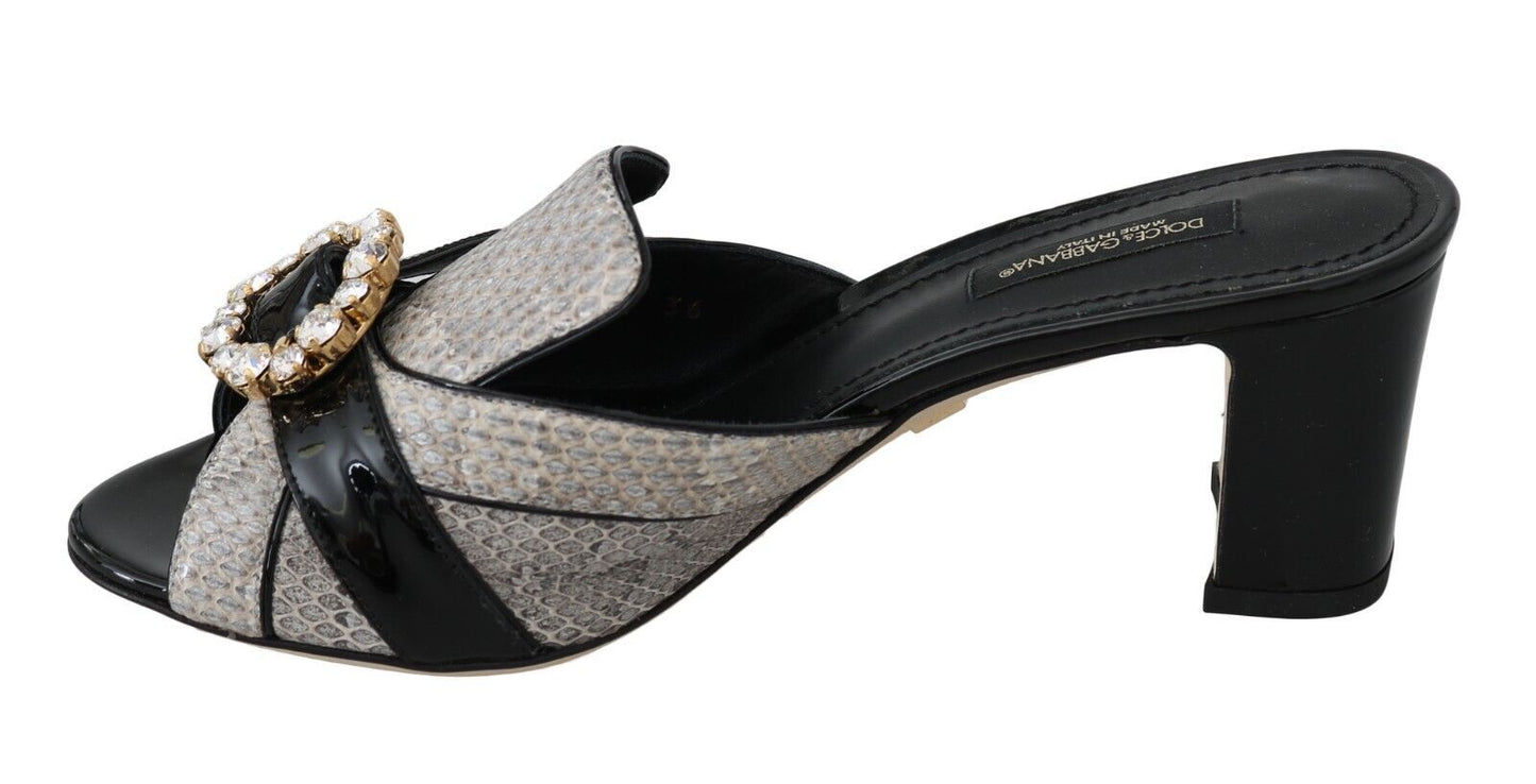 Dolce & Gabbana Black Gray Exotic Leather Crystals Sandals Women's Shoes