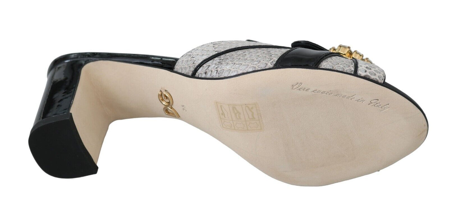 Dolce & Gabbana Black Gray Exotic Leather Crystals Sandals Women's Shoes