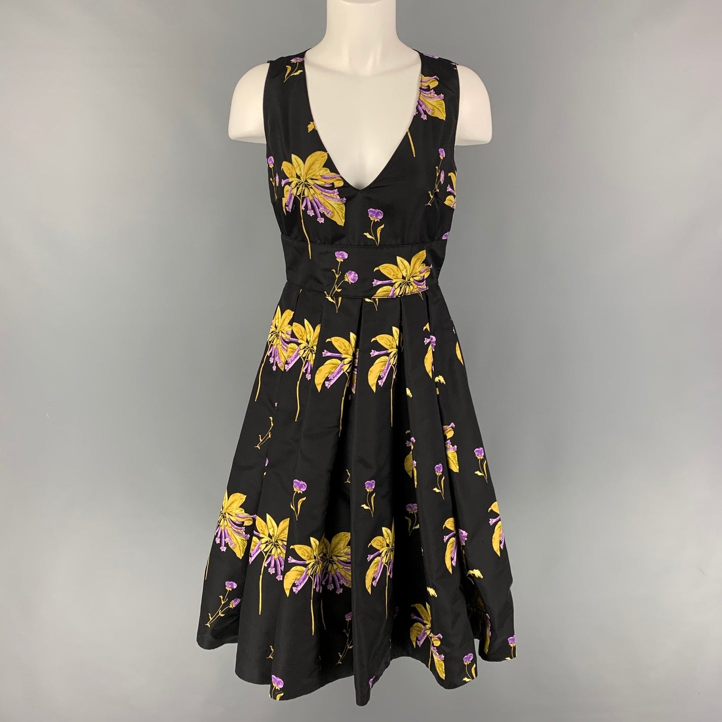 PRADA Size 4 Black Yellow Purple Floral Silk Pleated Cocktail Dress