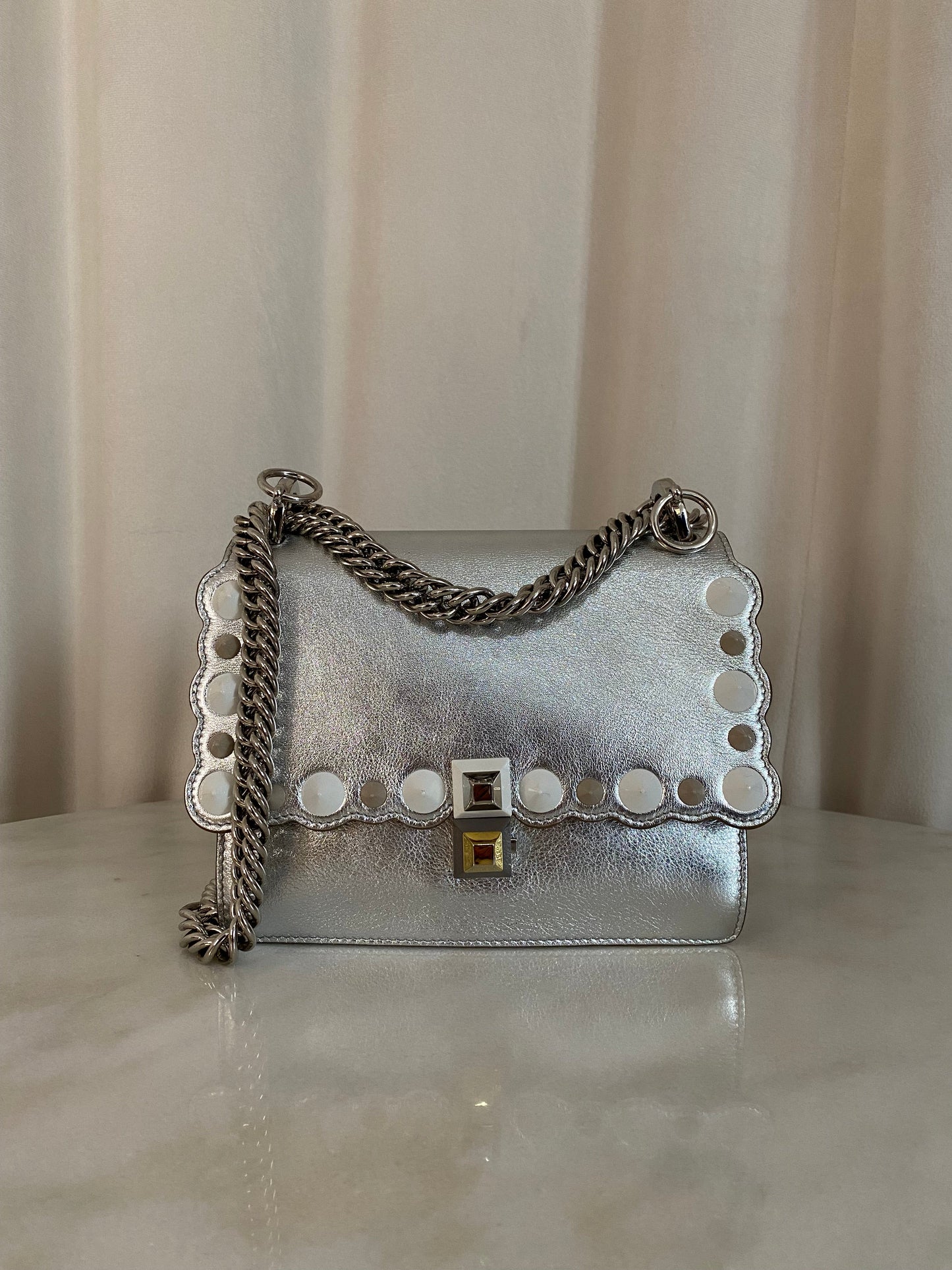 Fendi Silver Kan I Studded Shoulder Bag