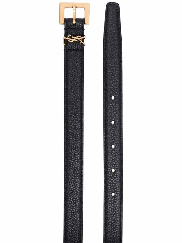 Saint Laurent Cassandre Grained Leather Square Buckle Thin Belt Black