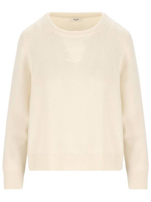 CELINE Triomphe Jacquard Crew Neck Heritage Cashmere Knit Top Off White