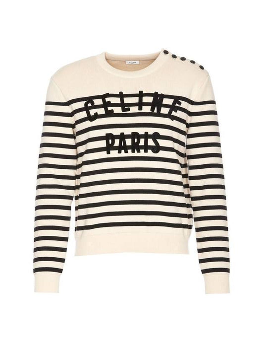CELINE Mariniere Cotton Knit Top Off-White Black