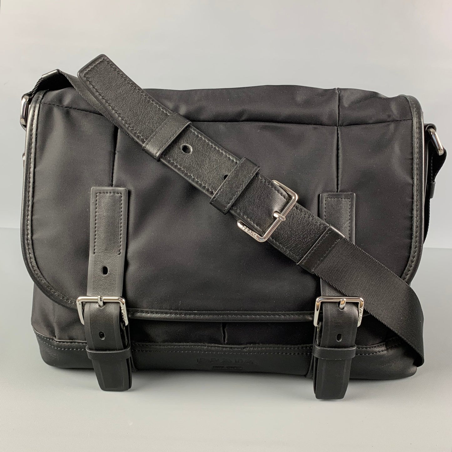 PRADA Black Leather Nylon Cross Body Messenger Bag