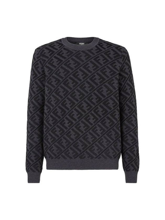 Fendi Men's Regular Fit Crew Neck Wool Knit Top Black Grey