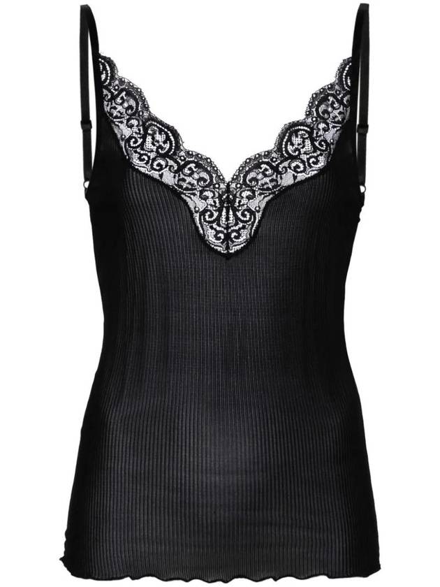 Saint Laurent Lace Trim Rib Silk Sleeveless Black