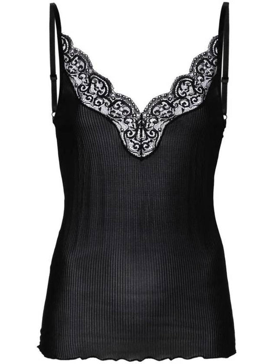 Saint Laurent Lace Trim Rib Silk Sleeveless Black