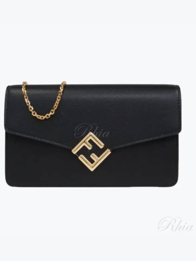 Fendi FF Logo Chain Diamond Leather Cross Bag Black