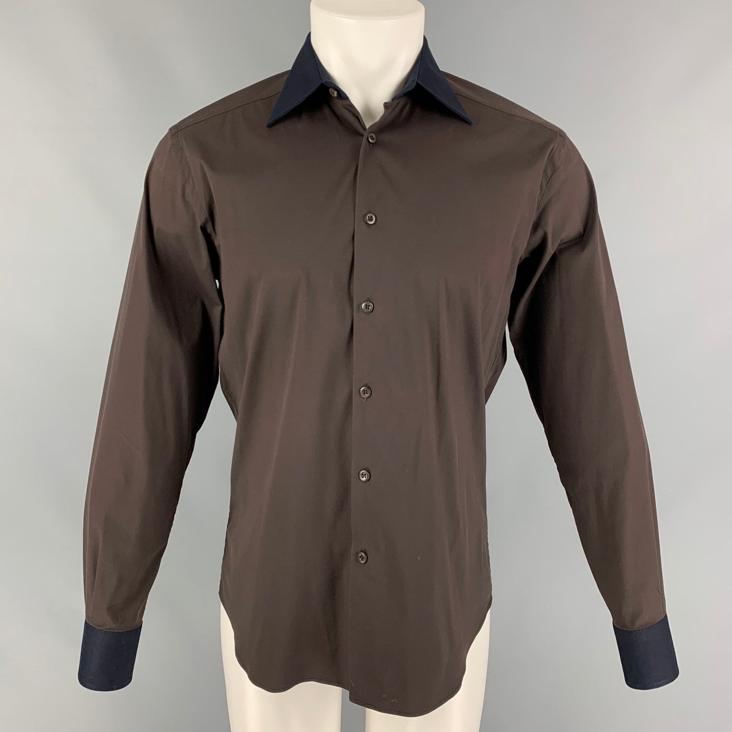 PRADA Size 38 Brown Navy Color Block Cotton Blend Button Down Long Sleeve Shirt