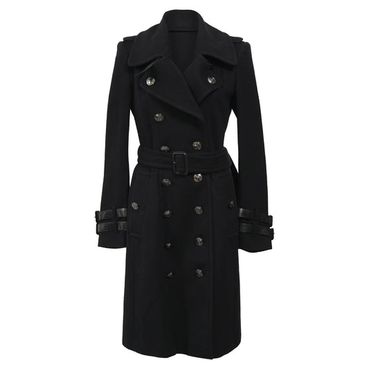 Burberry Belted Double-Breasted Trench Coat in Black Wool