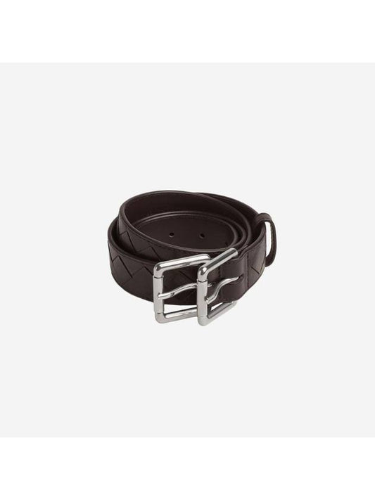 Bottega Veneta Intrecciato Double Buckle Leather Belt Dark Brown