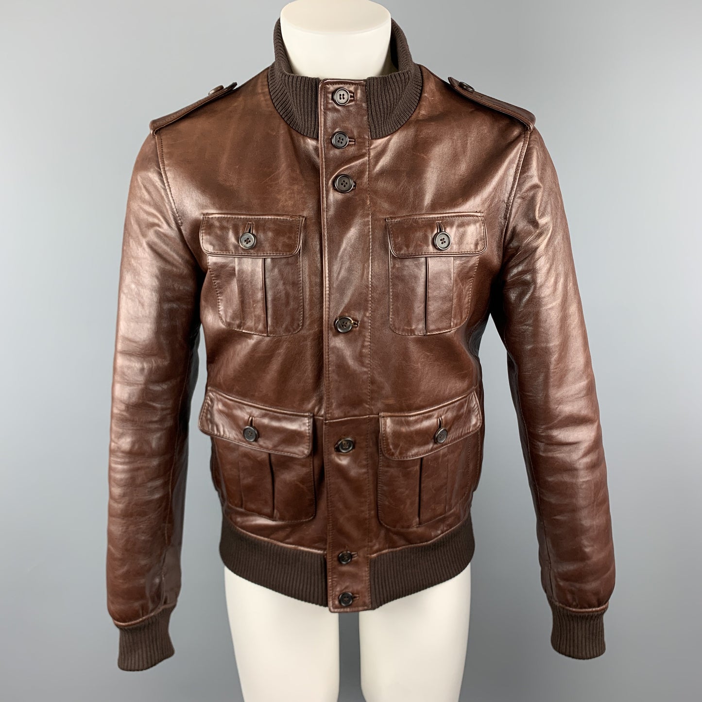 PRADA Chest Size 40 Brown Leather High Collar Epaullettes Zip & Buttons Patch Pockets Jacket