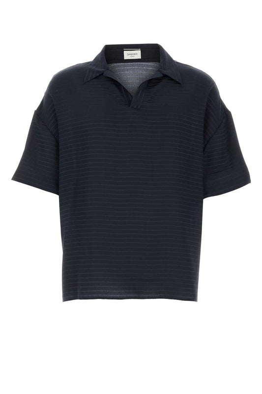 Saint Laurent Men Navy Blue Silk Oversize Polo Shirt