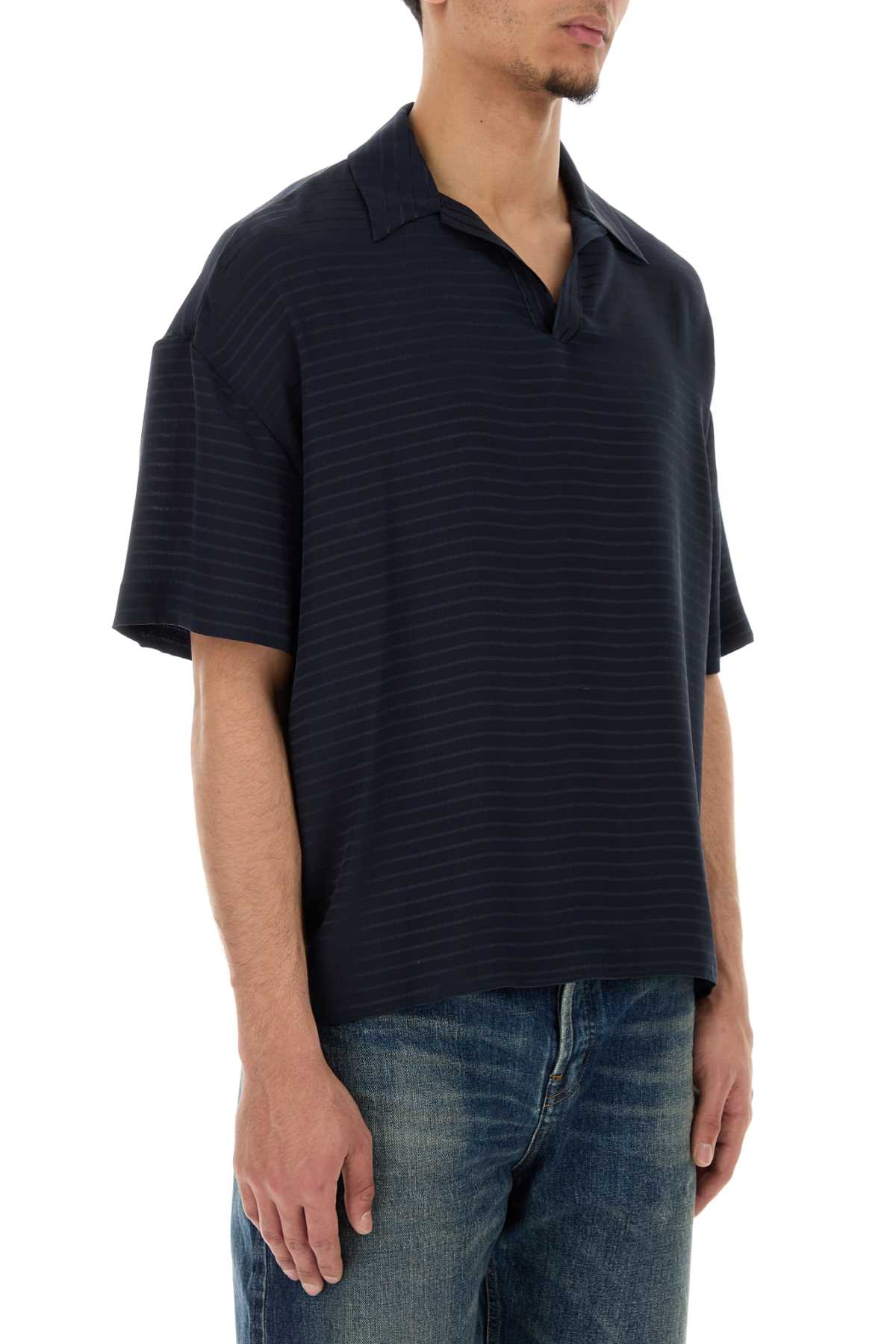 Saint Laurent Men Navy Blue Silk Oversize Polo Shirt