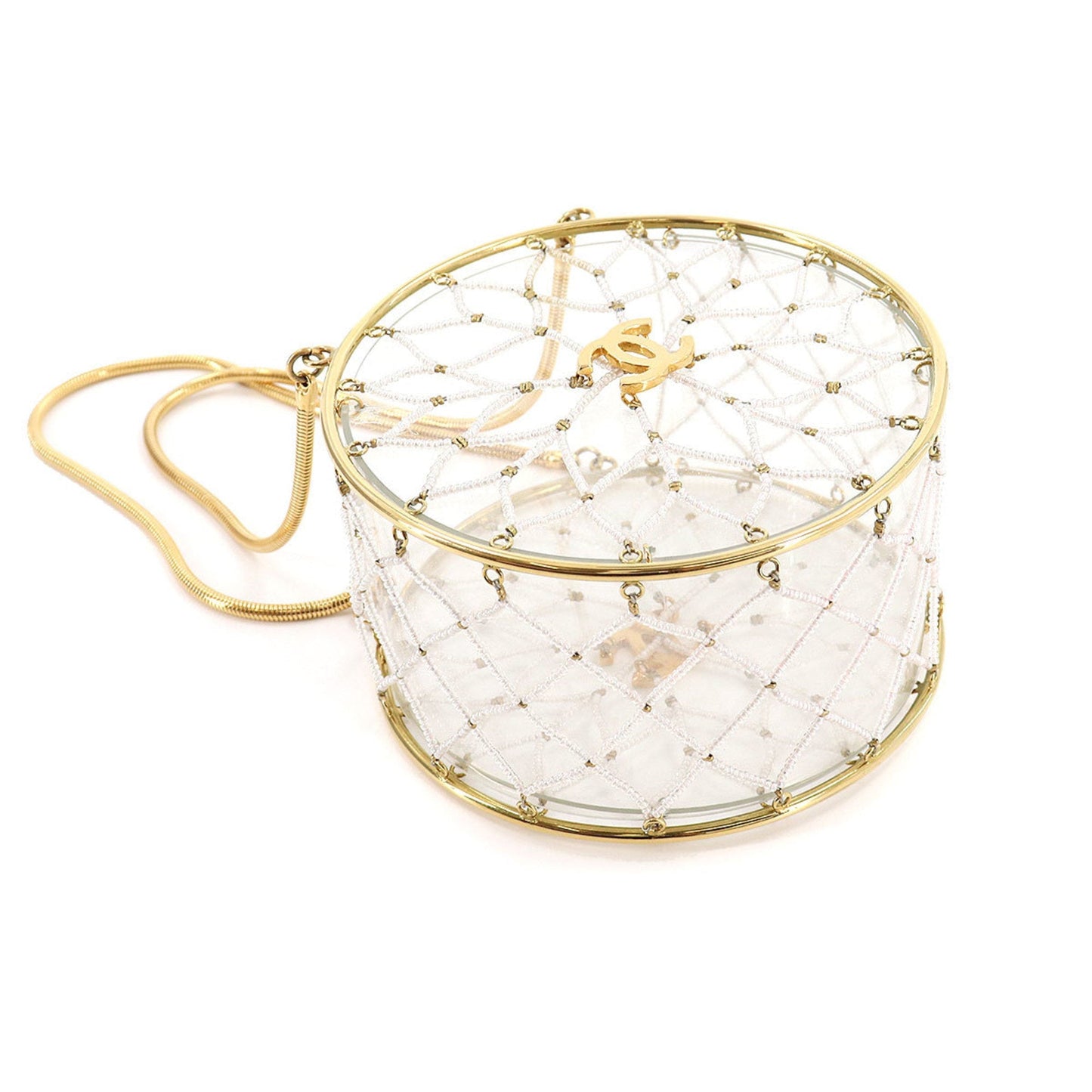 Chanel beads hand bag clear white gold metal fittings here mark