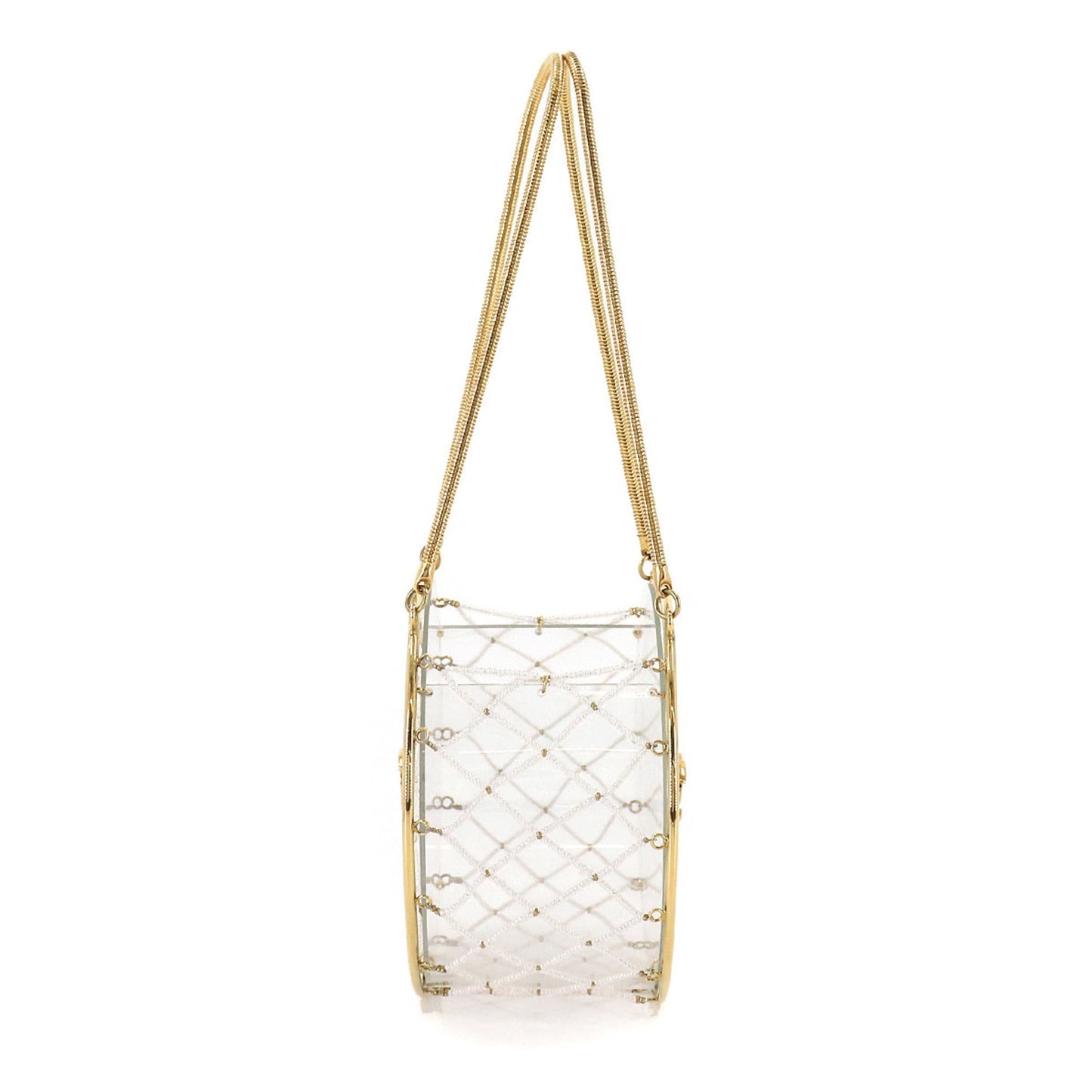 Chanel beads hand bag clear white gold metal fittings here mark