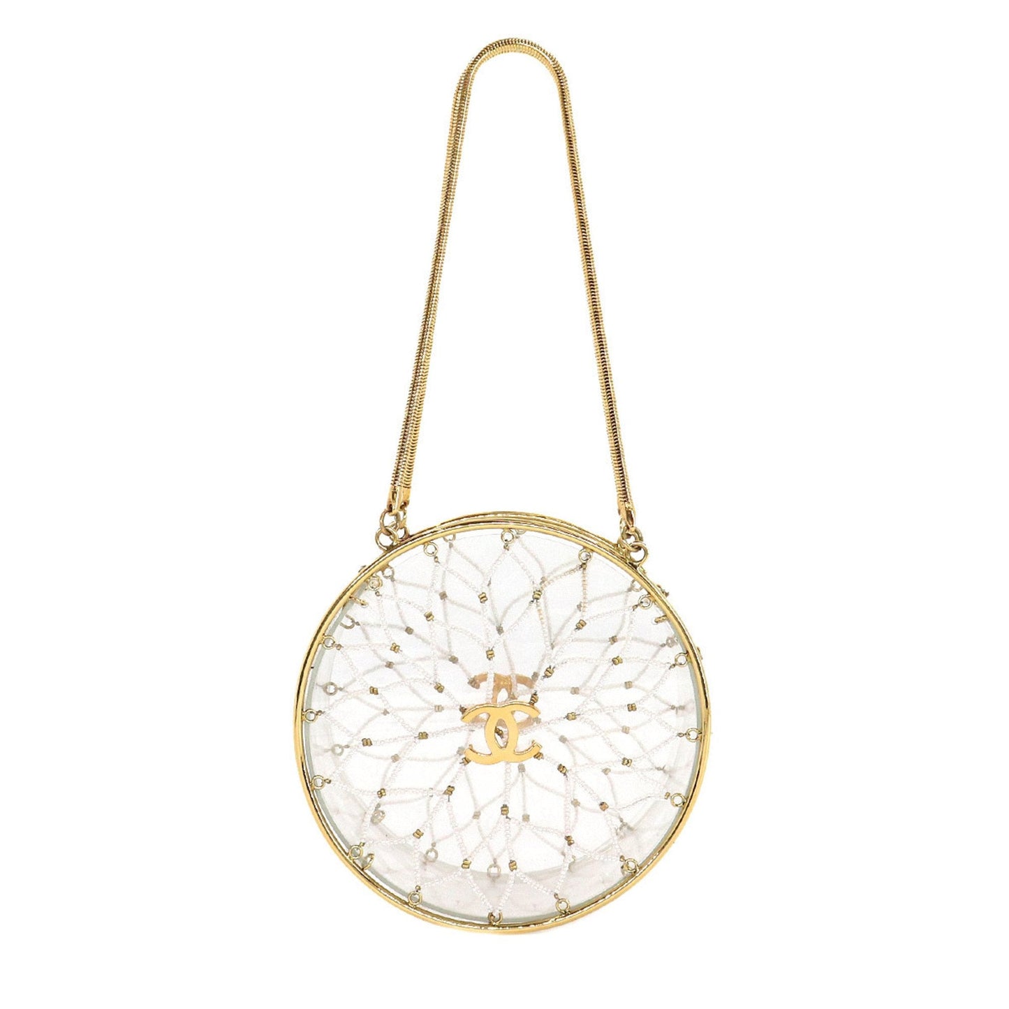 Chanel beads hand bag clear white gold metal fittings here mark
