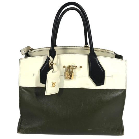 Louis Vuitton Khaki White Leather Handbag Tote Bag ()