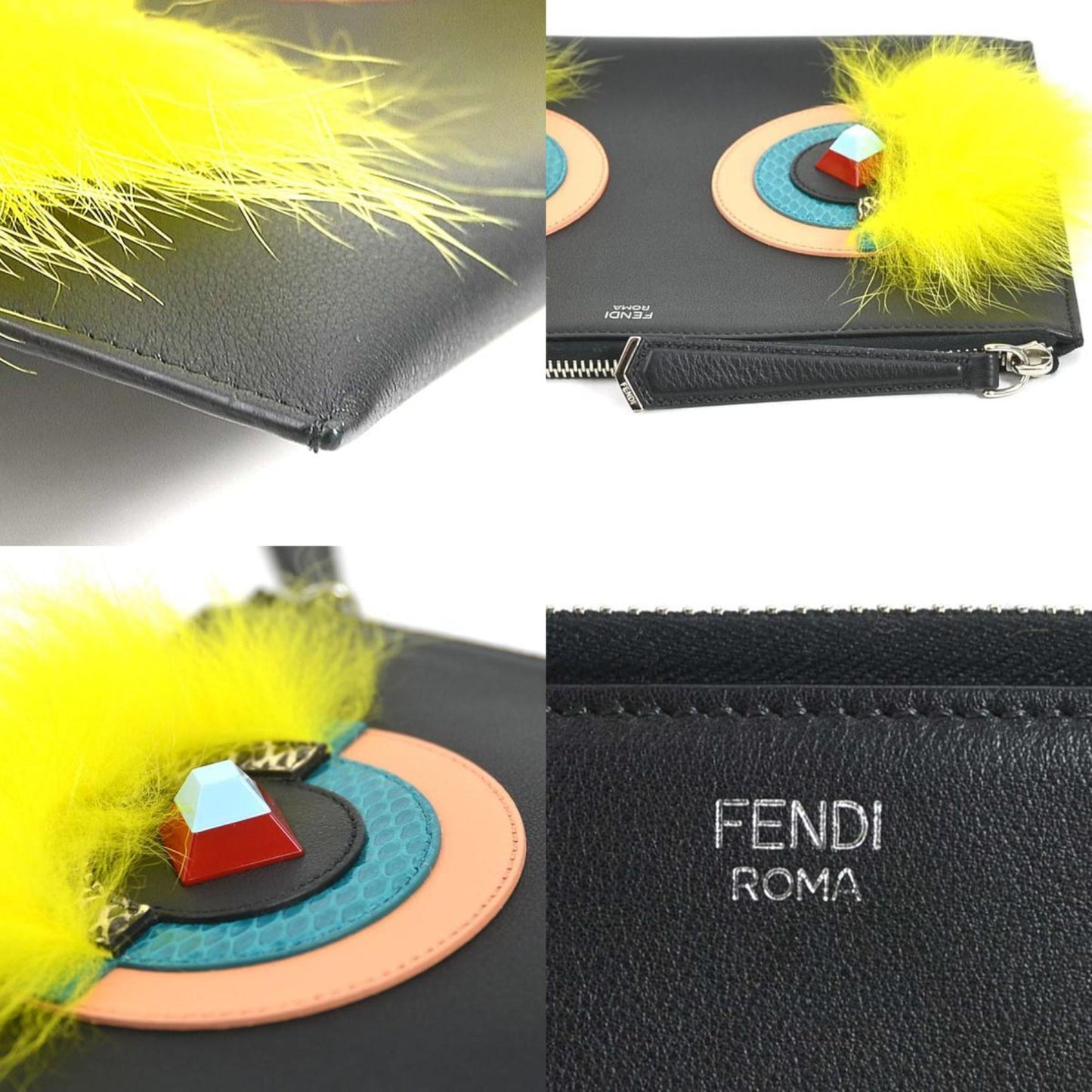 FENDI Clutch Bag Monster Leather/Fur Black/Multicolor Unisex e55994g