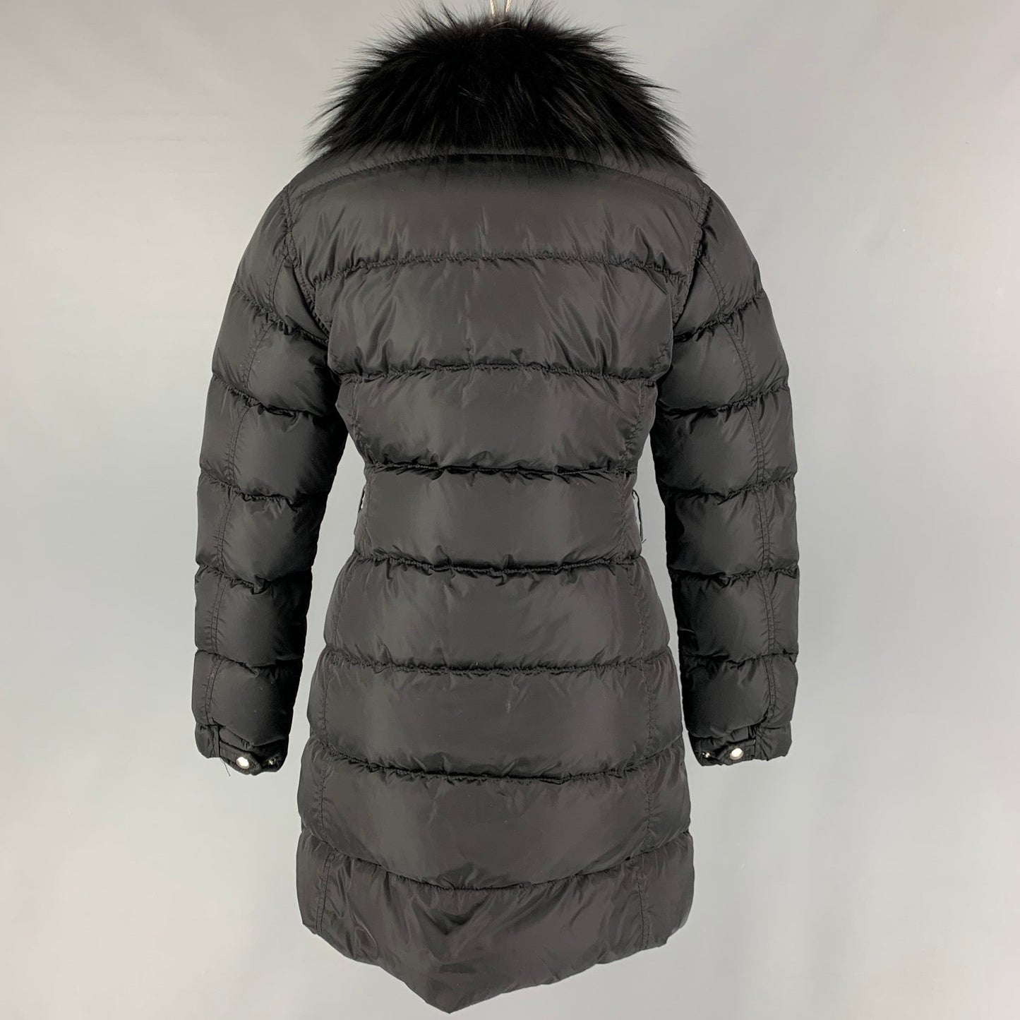 PRADA Size 2 Black Nylon Fox Collar Coat