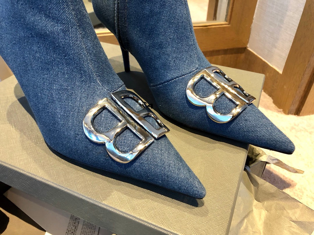 Balanciaga POINTED-TOE HIGH HEEL 80 MM ANKLE BOOTS IN BLUE DENIM