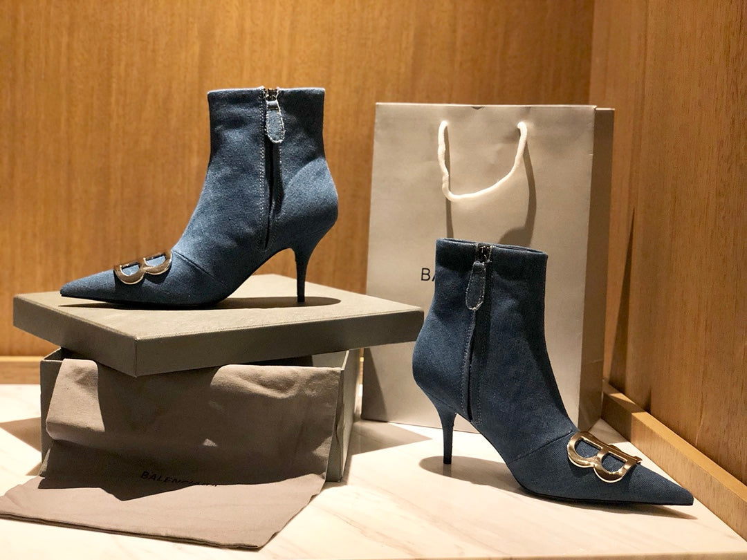 Balanciaga POINTED-TOE HIGH HEEL 80 MM ANKLE BOOTS IN BLUE DENIM
