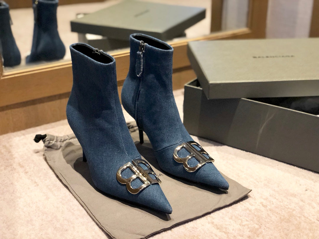 Balanciaga POINTED-TOE HIGH HEEL 80 MM ANKLE BOOTS IN BLUE DENIM