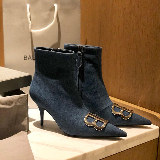 Balanciaga POINTED-TOE HIGH HEEL 80 MM ANKLE BOOTS IN BLUE DENIM