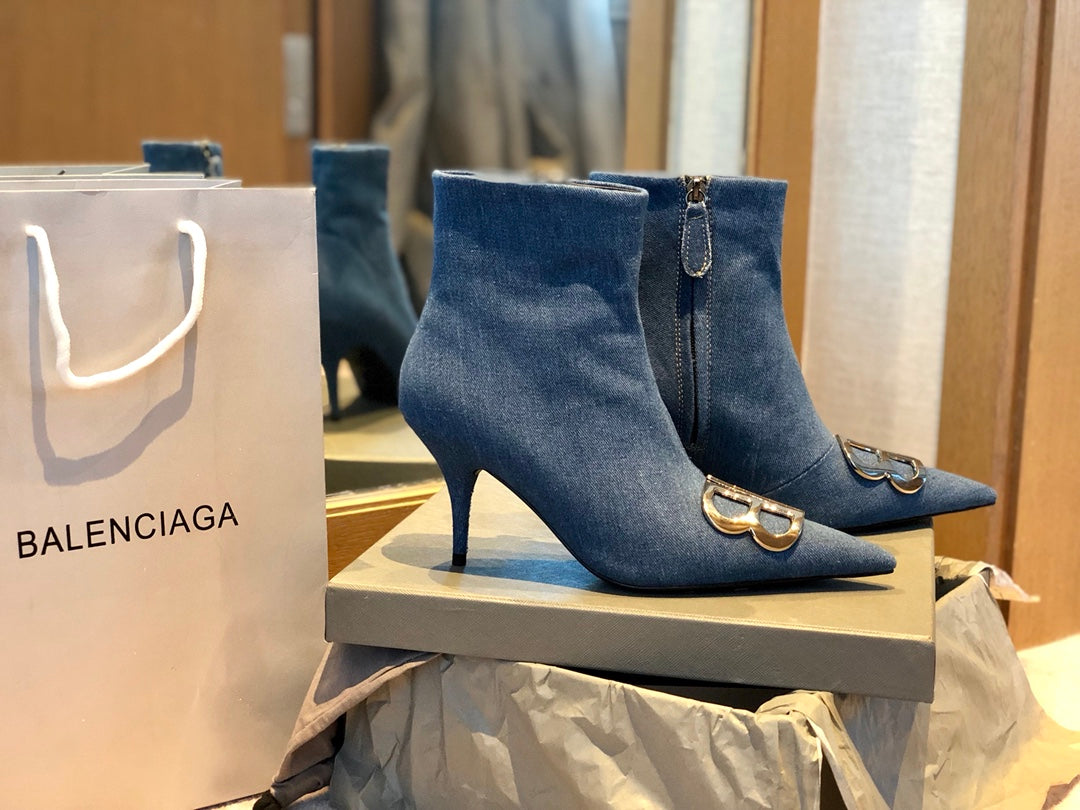 Balanciaga POINTED-TOE HIGH HEEL 80 MM ANKLE BOOTS IN BLUE DENIM
