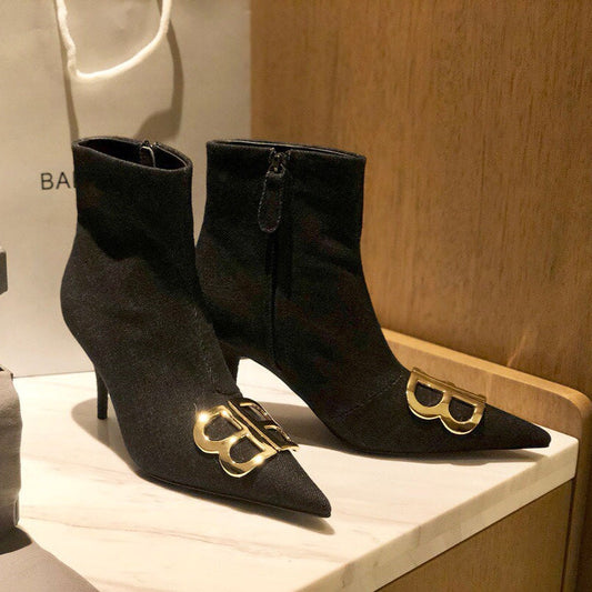 Balanciaga POINTED-TOE HIGH HEEL 80 MM ANKLE BOOTS IN BLACK DENIM