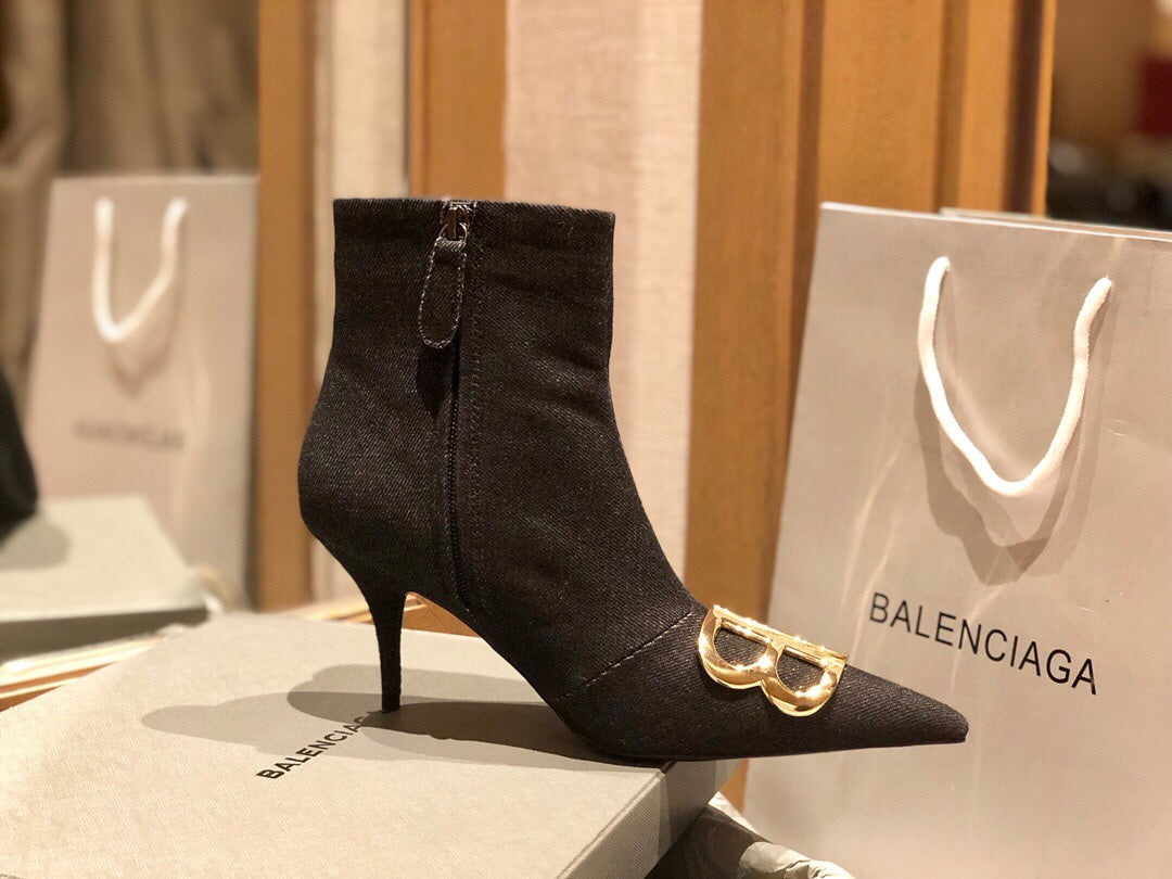 Balanciaga POINTED-TOE HIGH HEEL 80 MM ANKLE BOOTS IN BLACK DENIM