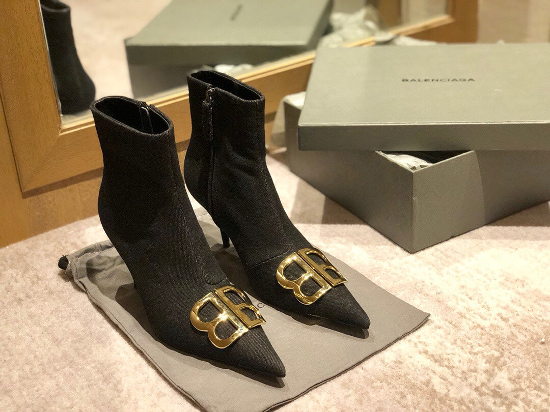 Balanciaga POINTED-TOE HIGH HEEL 80 MM ANKLE BOOTS IN BLACK DENIM