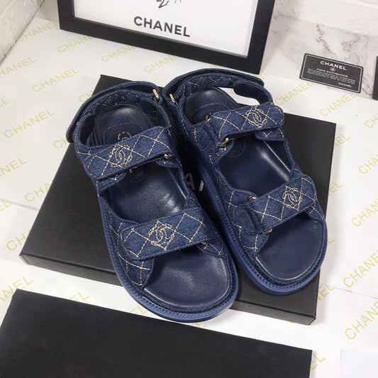 CHANEL 25S Dad Sandal Dark Blue Denim Beige Calfskin