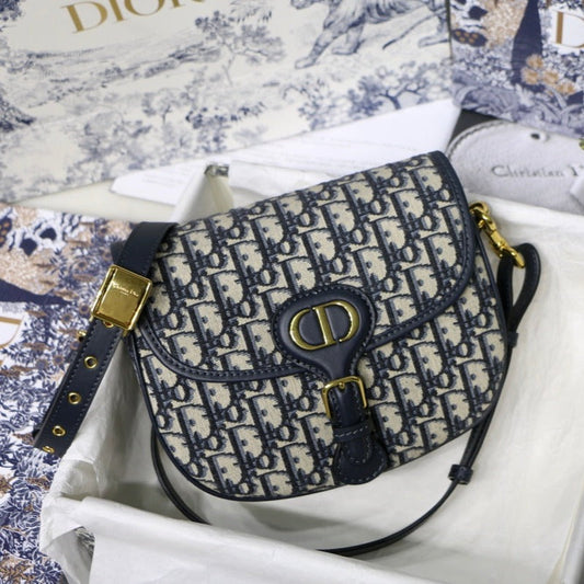 DIOR MEDIUM BOBBY 22CM BLUE OBLIQUE EMBROIDEDERED CANVAS GOLD HARDWARE
