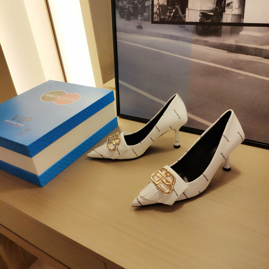Balanciaga POINTED TOE PUMPS WHITE WITH LOGO PRINT SMOOTH CALFSKIN