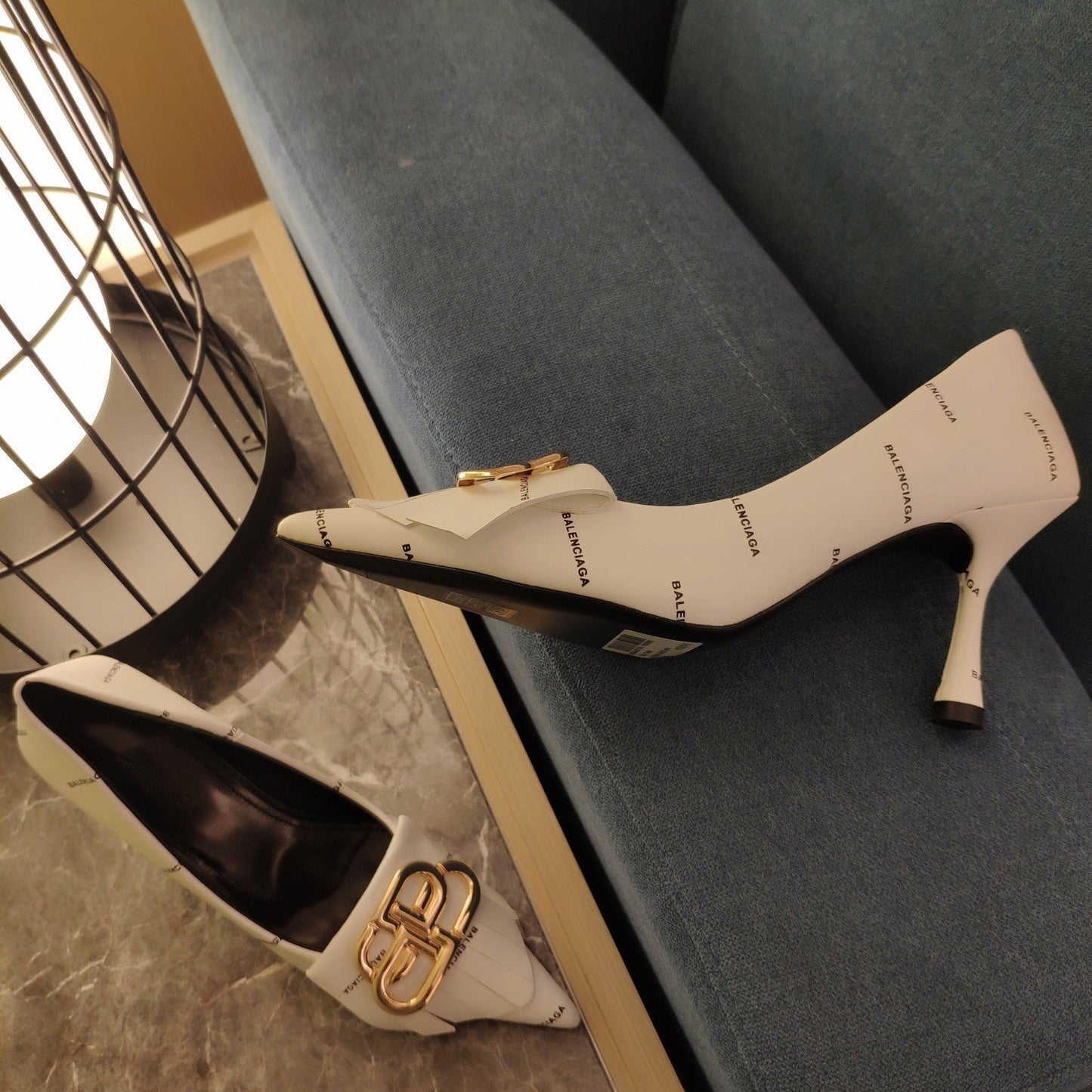 Balanciaga POINTED TOE PUMPS WHITE WITH LOGO PRINT SMOOTH CALFSKIN