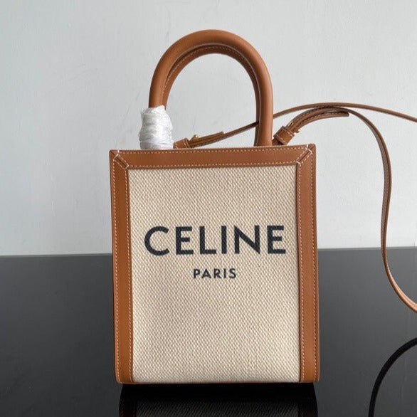 Celine mini vertical cabas 17cm white canvas tan calfskin