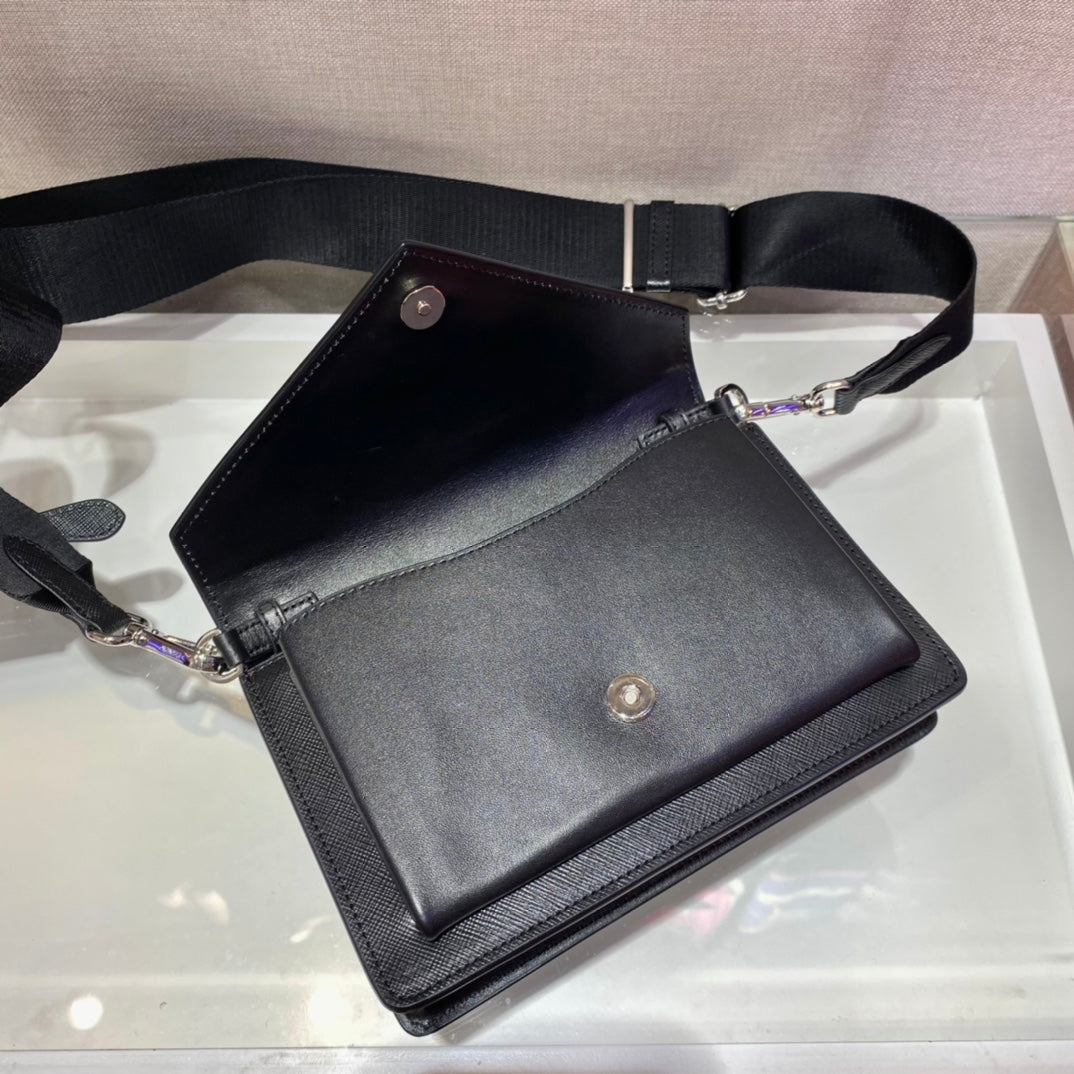 PRADA ENVELOPE FLAP BAG 20 IN BLACK SAFFIANO LEATHER