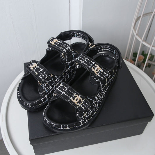 CHANEL 25S Dad Sandal White Black Tweed Calfskin