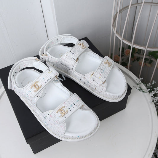 CHANEL 25S Dad Sandal White  Tweed Calfskin