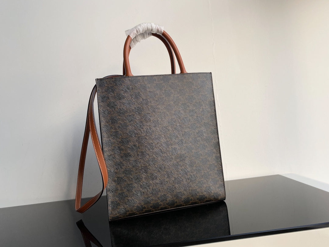 Celine small vertical cabas 28cm black triomphe canvas tan calfskin