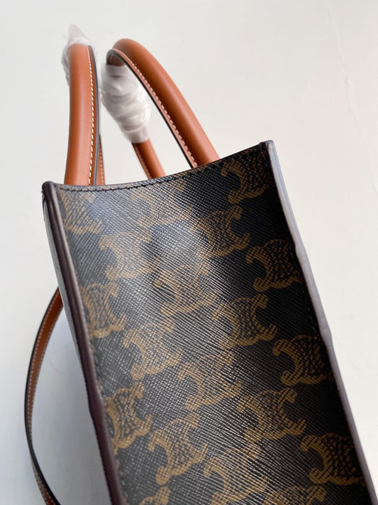Celine small vertical cabas 28cm black triomphe canvas tan calfskin
