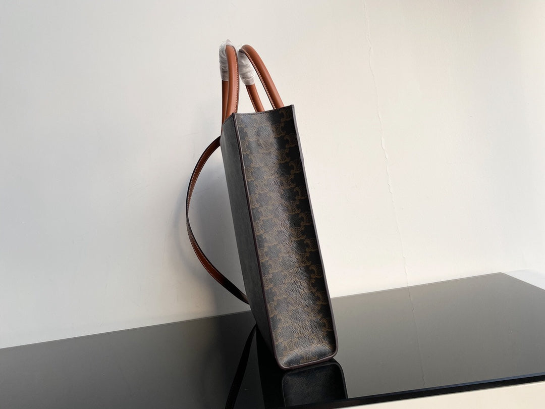 Celine small vertical cabas 28cm black triomphe canvas tan calfskin