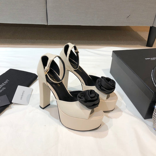 Saint Laurent SL IVY FLORAL 135 PLATFORM SANDAL CREAM CALFSKIN
