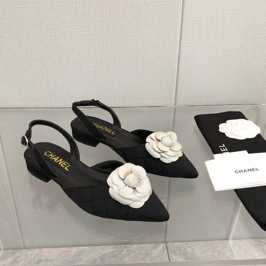 CHANEL 25C 2CM Slingback Flats Black White Fabric 213237