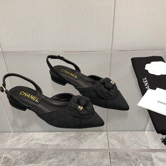 CHANEL 25C 2CM Slingback Flats Black Fabric 213238
