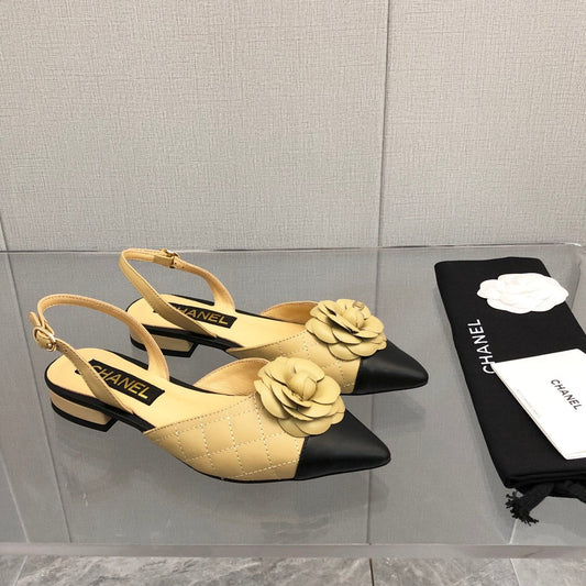 CHANEL 25C 2CM Slingback Flats Buff Yellow Leather 213239