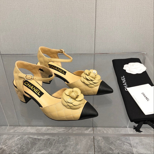CHANEL 25C 5CM Slingback Flats Buff Yellow Leather 213243