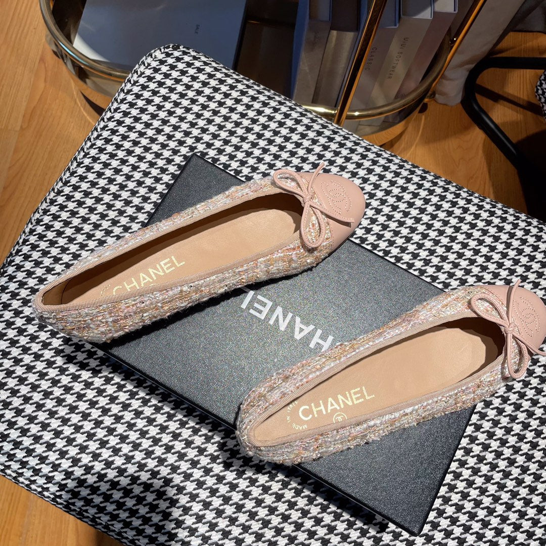 CHANEL ballet flat pink white tweed pink calfskin